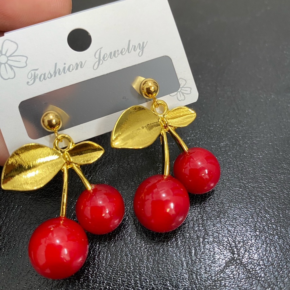 Gold and Red Cherry Earrings